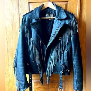 *VINTAGE*  Open Road Biker Motorcycle Black Heavy Leather Fringe Jacket Sz 42